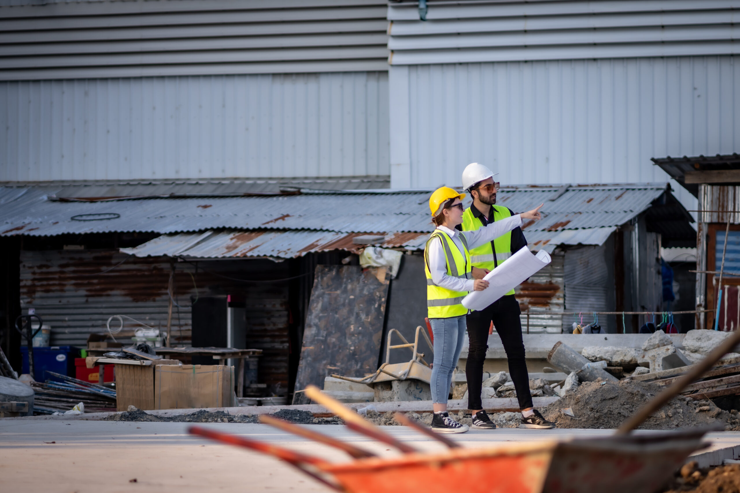 Engineer inspect building structure technicians looking at analy